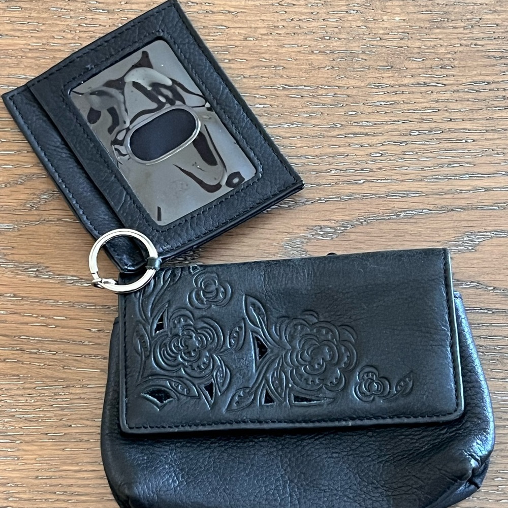 Fossil Black Floral Embossed Leather Key Pouch Wallet with ID Card Holder